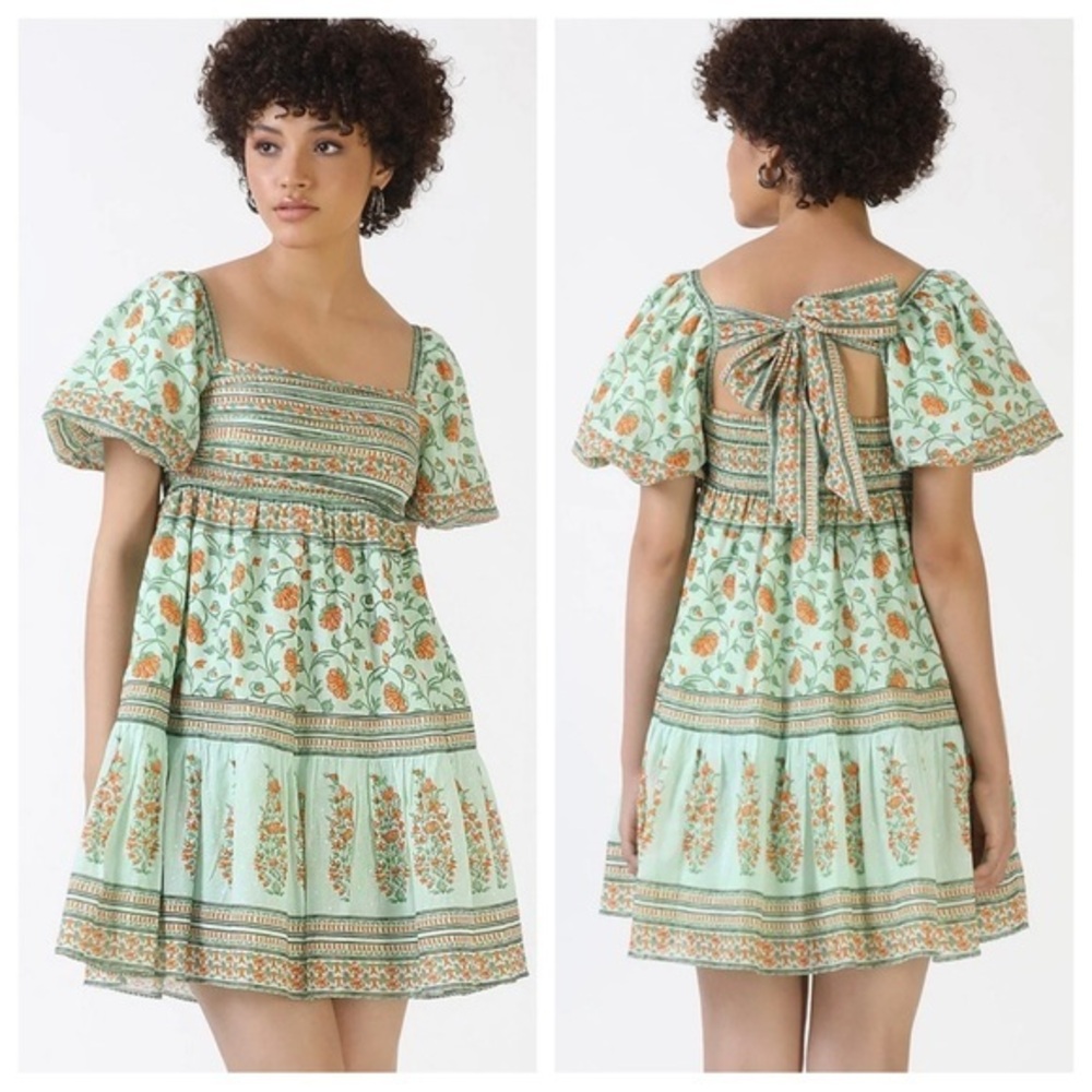 NEW Celina Moon Frankie Mini Dress - Sage Green Vines -bow back, marigolds